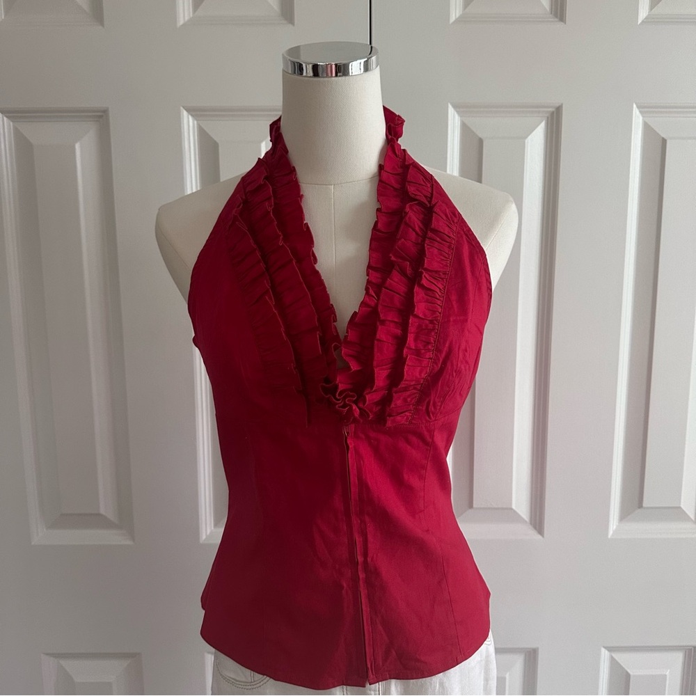 Moda Internat. Y2K Cherry Red Cotton Ruffled Fitted Backless Halter Top Size S